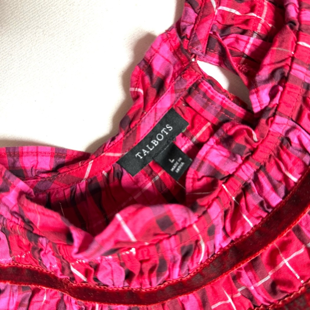 Talbots Velvet Trim Ruffle Popover Blouse in Moonlight Plaid Red and Pink Size L - Picture 6 of 8